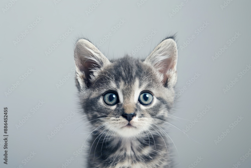 Close-up portrait of a gray tabby kitten with big blue eyes, isolated on a light gray background. Close-up portrait of a gray tabby kitten with big blue eyes, isolated on a light gray background.