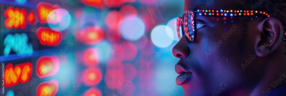 Man with beard wearing glasses looking at stock market charts and graphs on digital screen. Man with beard wearing glasses looking at stock market charts and graphs on digital screen.