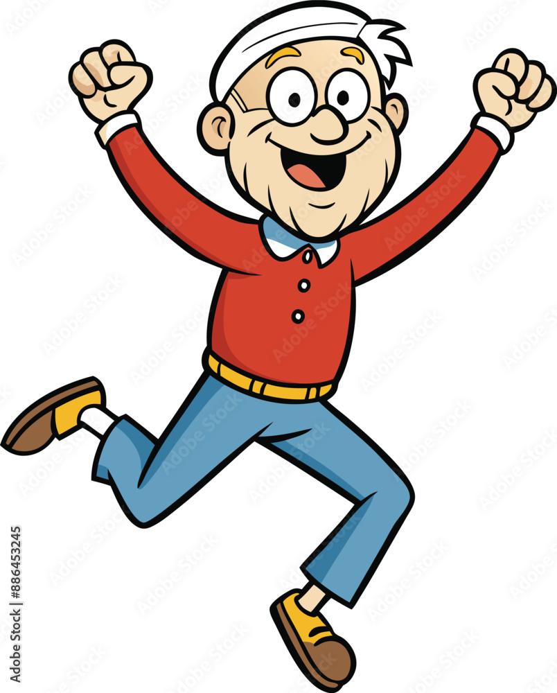 cartoon happy old man jumping vector illustration isolated on a white background, cartoon happy old man jumping vector illustration isolated on a white background,