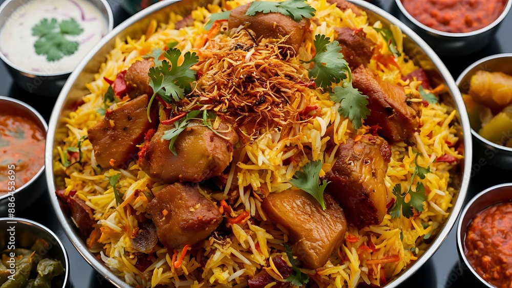 A plate of biryani with a bunch of food on it A plate of biryani with a bunch of food on it