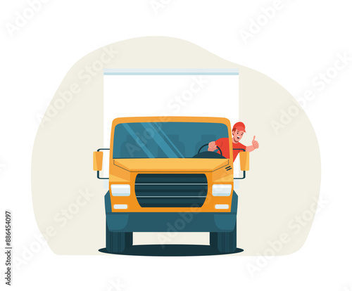 Cheerful driver showing thumbs up while driving a box truck. Front view. Vector illustration.
