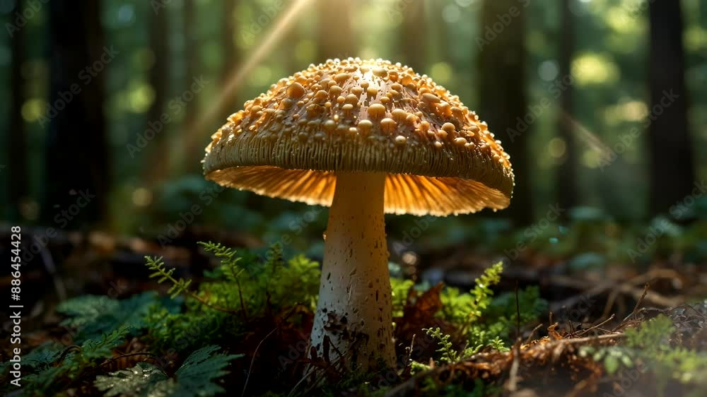 sunlight, big mushrooms grow in the middle of the forest sunlight, big mushrooms grow in the middle of the forest