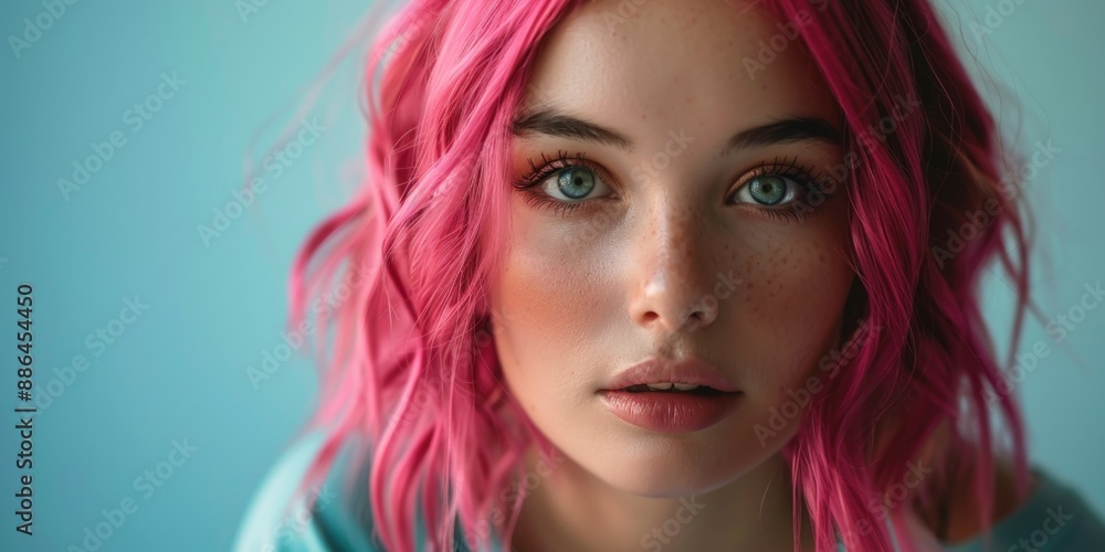 A close-up shot of a person with bright pink hair, focused on their facial features A close-up shot of a person with bright pink hair, focused on their facial features