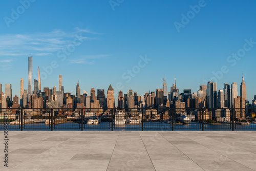 Skyscrapers Cityscape Downtown, New York Skyline Buildings. Beautiful Real Estate. Day time. Empty rooftop View. Success concept.