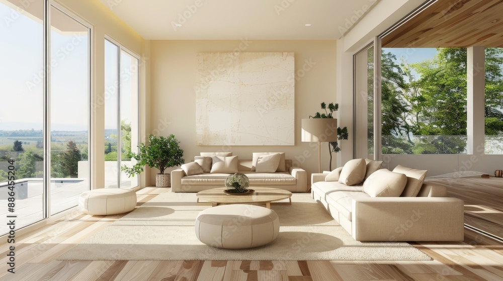 Fototapeta premium Modern villa living room design interior, beige furniture, bright walls, sofa, armchair with lamp