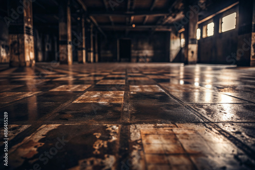 The room is dark, with a tiled floor and many windows for natural light