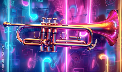 Trumpet on illuminated neon light background., Generative AI