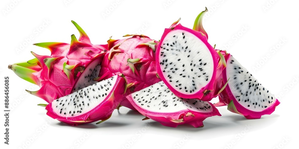 Dragonfruit (Pitaya) on a White Background. Concept Healthy Eating, Exotic Fruit, Food Photography, Vibrant Colors, Minimalistic Background Dragonfruit (Pitaya) on a White Background. Concept Healthy Eating, Exotic Fruit, Food Photography, Vibrant Colors, Minimalistic Background