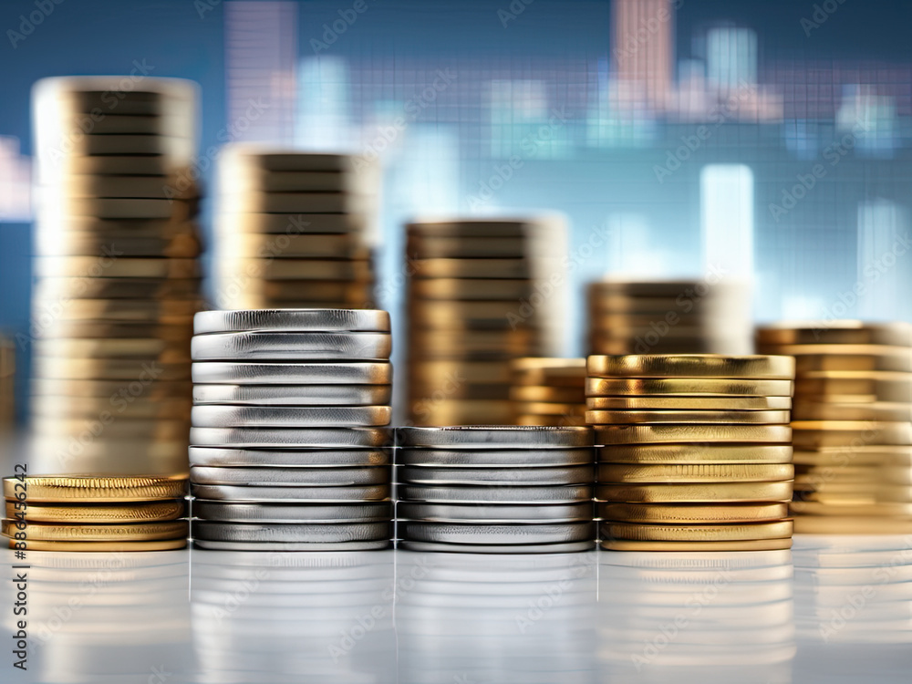 Gold and Silver Coins Stacked in a Row with a Blurred Background of Charts Gold and Silver Coins Stacked in a Row with a Blurred Background of Charts