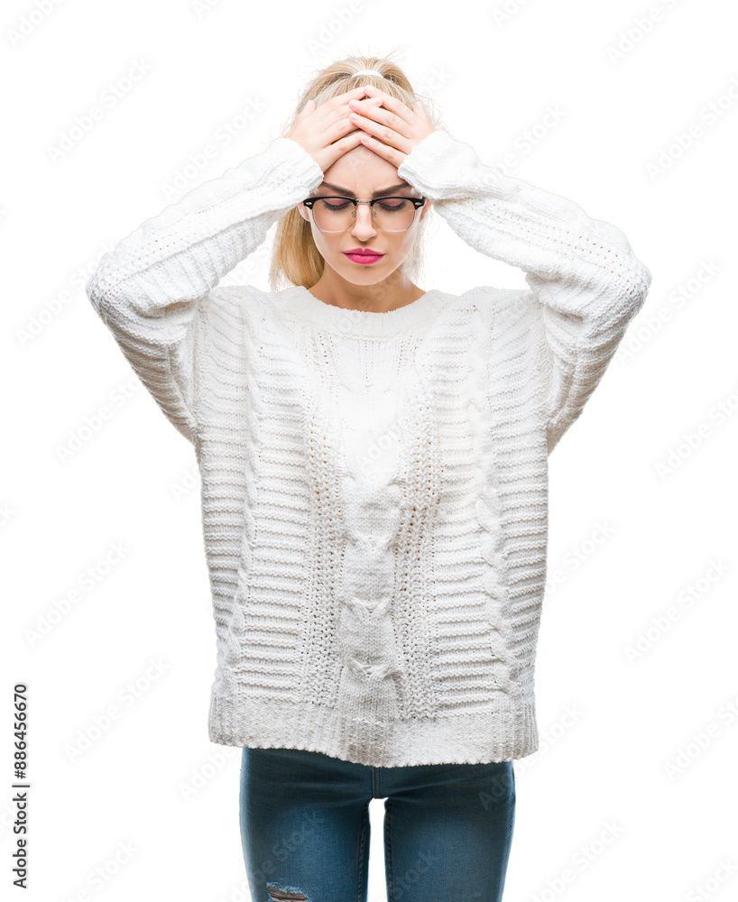Young beautiful blonde woman wearing glasses over isolated background suffering from headache desperate and stressed because pain and migraine. Hands on head. Young beautiful blonde woman wearing glasses over isolated background suffering from headache desperate and stressed because pain and migraine. Hands on head.