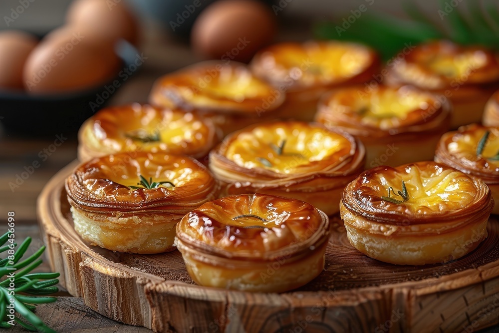 China: Egg Tart Small, golden tarts with a flaky crust and a smooth, yellow custard center, served in a bamboo steamer basket China: Egg Tart Small, golden tarts with a flaky crust and a smooth, yellow custard center, served in a bamboo steamer basket