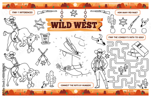 Festive placemat for children. Printable activity sheet "Wild West" with a labyrinth, connect the dots and find differences. 17x11 inch printable vector file