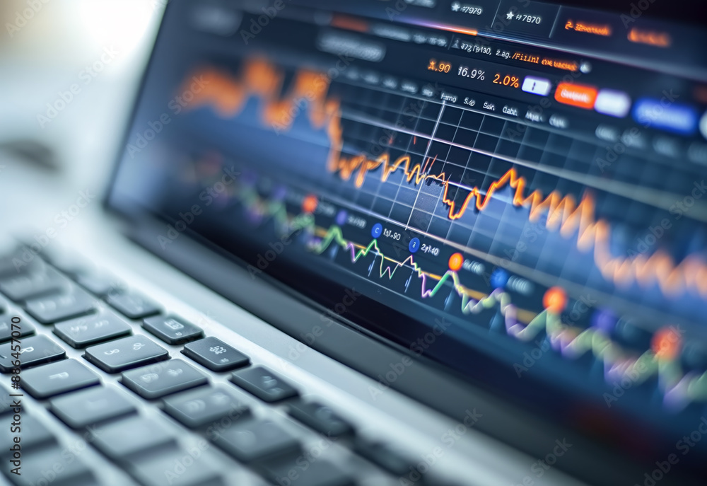 close-up of a laptop screen showing a stock market investment with a rising graph, top shot view close-up of a laptop screen showing a stock market investment with a rising graph, top shot view