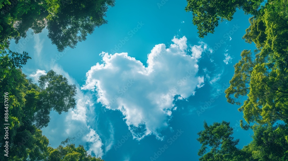 Obraz premium A heart-shaped cloud in a bright blue sky on a sunny day, Ai generate
