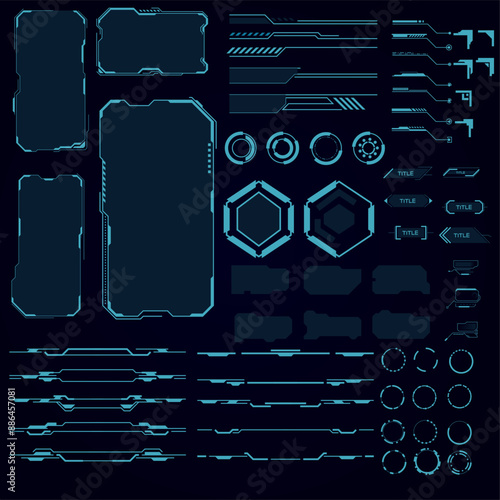 Science fiction elements. Futuristic science Hud screen, mega technology hologram frame chart, digital interface control panel cyberpunk header and footer, futuristic digital technology vector