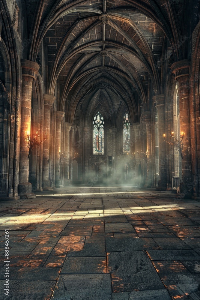 An empty gothic castle, with stone floors, towering arches, flickering torches on the walls, and moonlight streaming through stained glass windows.