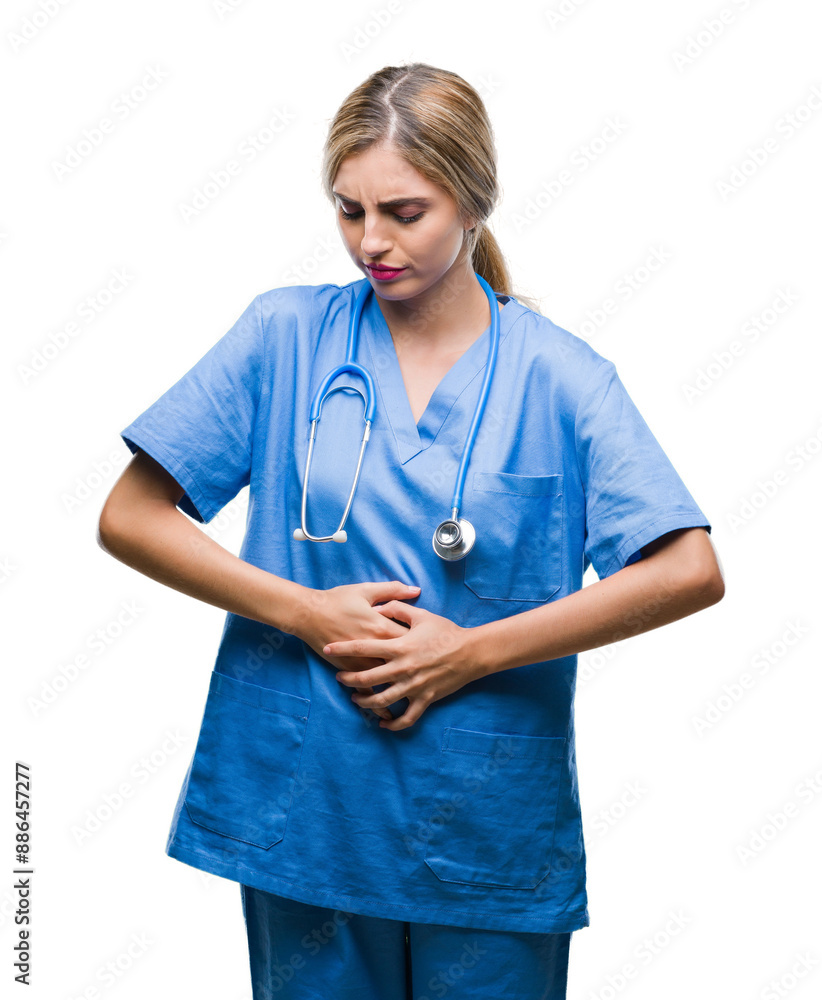 Young beautiful blonde doctor surgeon nurse woman over isolated background with hand on stomach because nausea, painful disease feeling unwell. Ache concept. Young beautiful blonde doctor surgeon nurse woman over isolated background with hand on stomach because nausea, painful disease feeling unwell. Ache concept.