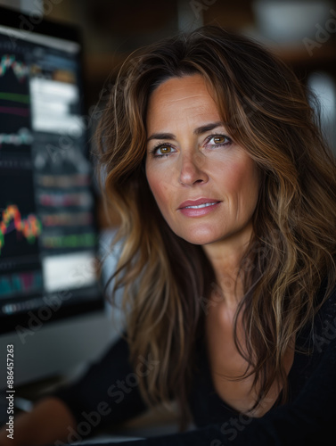 Portrait of a 45-year-old woman with wavy dark hair, in sports chic style, tracking stock charts on a computer