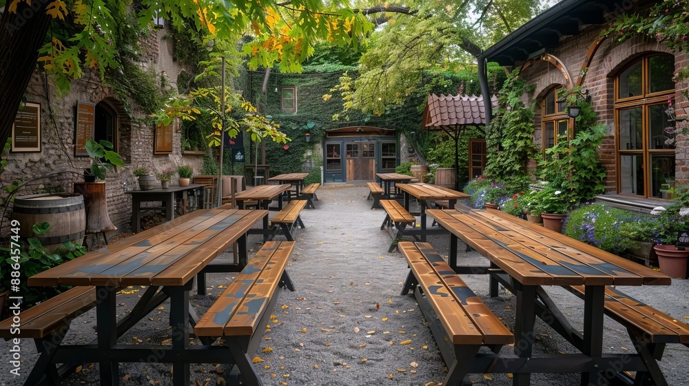 Charming Outdoor Beer Garden With Long Wooden Tables Under The Shade Of Trees Charming Outdoor Beer Garden With Long Wooden Tables Under The Shade Of Trees