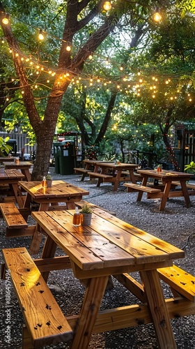 Charming Outdoor Beer Garden With Long Wooden Tables Under The Shade Of Trees photo