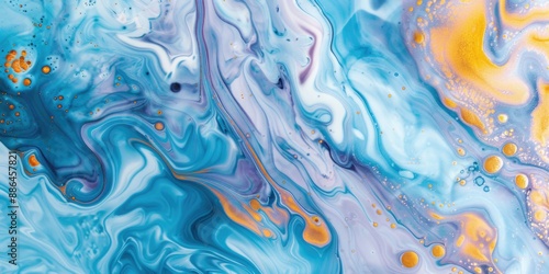 Close-up shot of a vibrant blue and yellow fluid painting with abstract shapes and patterns