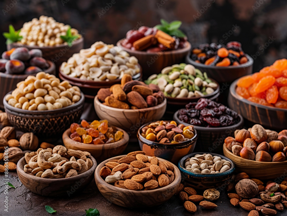 Assorted Nuts and Dried Fruits in Bowls on a Dark Wooden Table Assorted Nuts and Dried Fruits in Bowls on a Dark Wooden Table