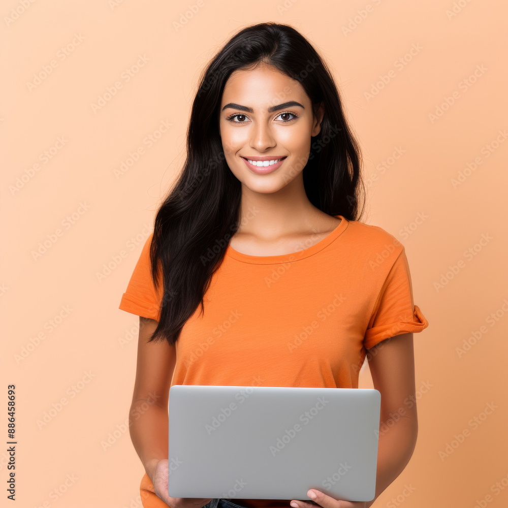 Beautiful Young Woman Standing with Laptop Beautiful Young Woman Standing with Laptop
