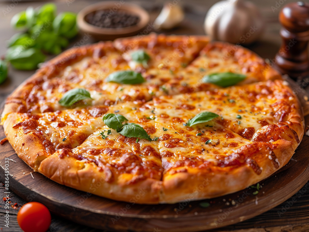 Freshly Baked Cheese Pizza With Basil Garnish on Wooden Board Freshly Baked Cheese Pizza With Basil Garnish on Wooden Board