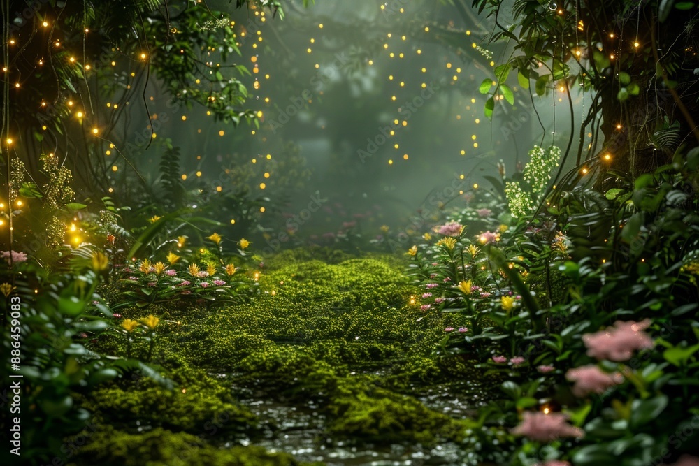 Obraz premium An empty stage in a magical fairy glen, with a carpet of soft moss, flowers glowing in the twilight, and tiny fairy lights fluttering around. 