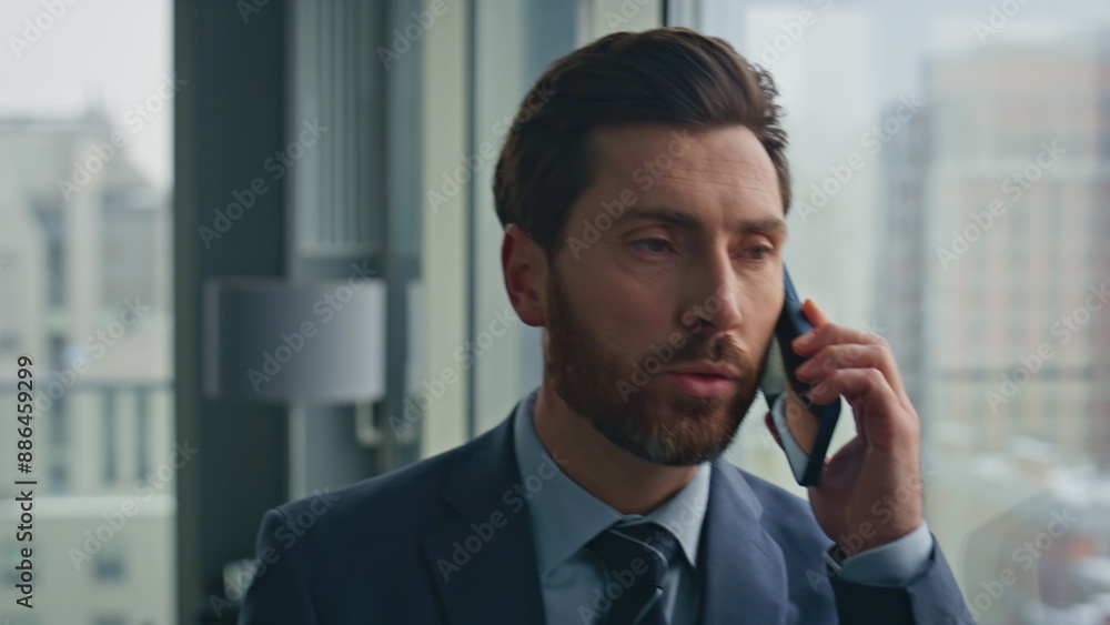 Office manager negotiating call city view cabinet closeup. Businessman talking Office manager negotiating call city view cabinet closeup. Businessman talking