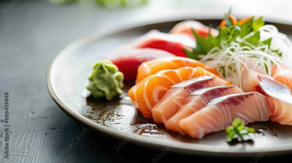 A vibrant platter of sashimi showcasing a colorful array of meticulously sliced fish. A vibrant platter of sashimi showcasing a colorful array of meticulously sliced fish.