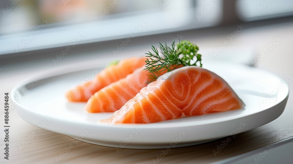 A close-up shot of a single slice of salmon sashimi on a white ceramic plate. A close-up shot of a single slice of salmon sashimi on a white ceramic plate.