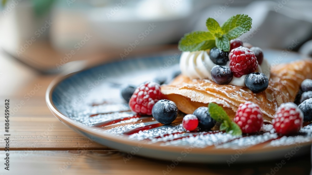 A sweet crepe filled with berries and cream, drizzled with chocolate. A sweet crepe filled with berries and cream, drizzled with chocolate.