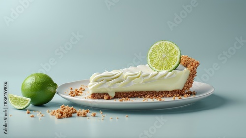 A photorealistic image of a key lime pie garnished with a lime wedge. photo