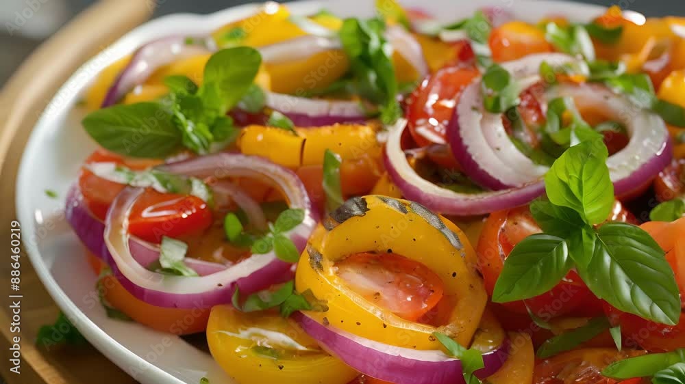 A vibrant and colorful salad with grilled onions adding depth and smokiness to each bite. A vibrant and colorful salad with grilled onions adding depth and smokiness to each bite.