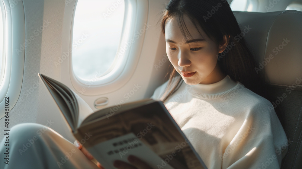 Business Asian woman reading a book on an airplane. Flight for business. Business Asian woman reading a book on an airplane. Flight for business.