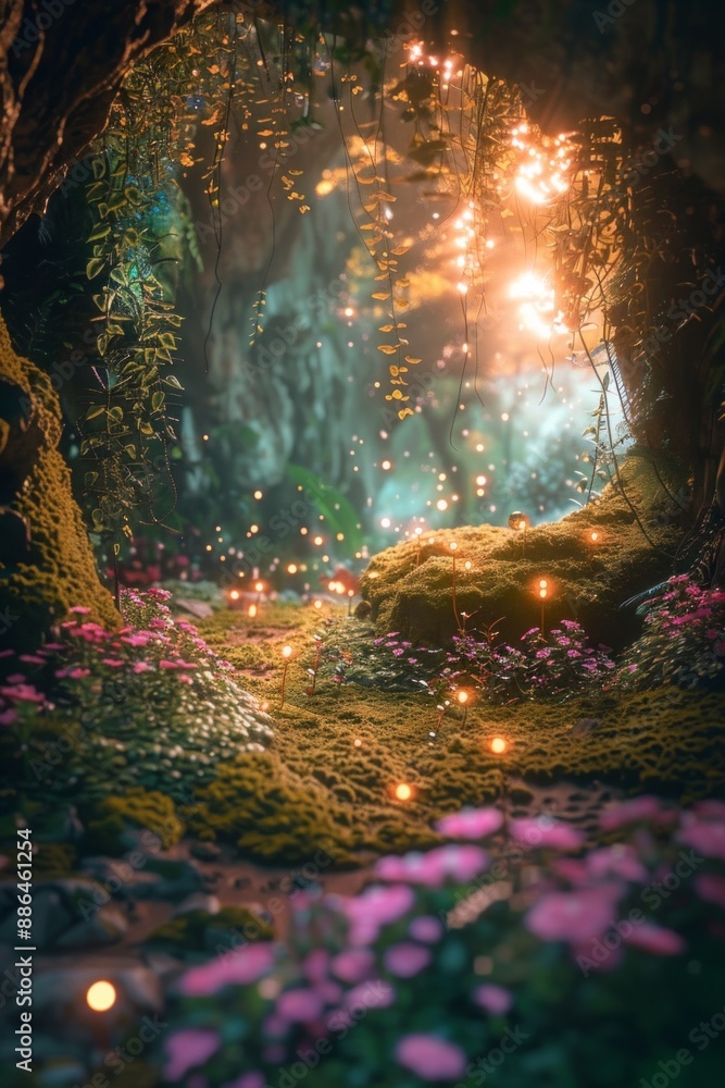 Obraz premium An empty stage in a magical fairy glen, with a carpet of soft moss, flowers glowing in the twilight, and tiny fairy lights fluttering around. 
