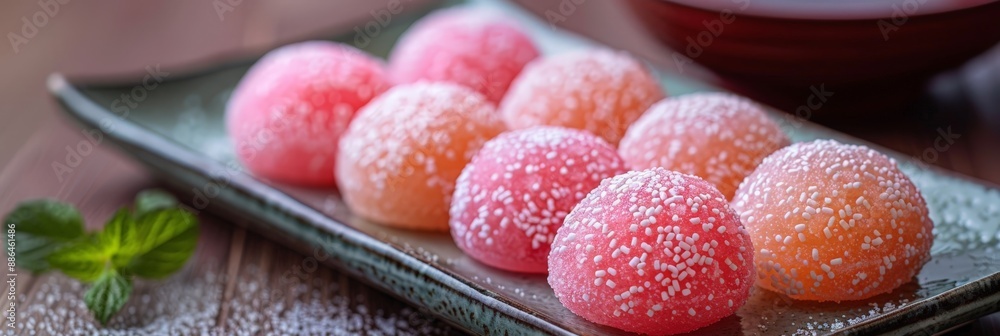 Colorful mochi desserts topped with sugar on a ceramic plate, ideal for Asian cuisine and sweet treats concept. Colorful mochi desserts topped with sugar on a ceramic plate, ideal for Asian cuisine and sweet treats concept.