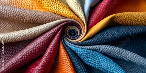 Luxury Synthetic Leather Fabric Swatches in Assorted Colors from a Bird's Eye View. Concept Luxury Fabrics, Synthetic Leather, Color Swatches, Assorted Colors, Bird's Eye View photo