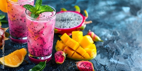 Marble table with a glass of mango dragonfruit refresher and pitaya fruits. Concept Food Photography, Fresh Juices, Exotic Fruits, Table Setting, Vibrant Colors