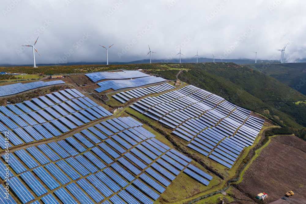 Solar panel and wind turbines on the island of Madeira, energy ...