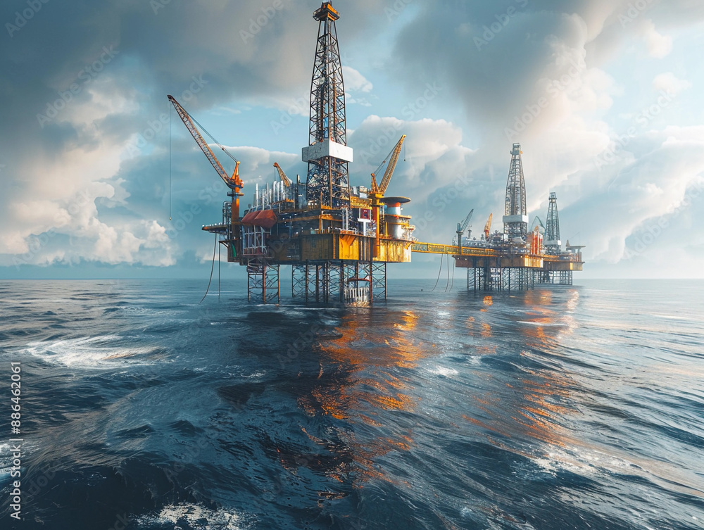 Offshore Oil Rigs Under Cloudy Skies at Sunset Offshore Oil Rigs Under Cloudy Skies at Sunset