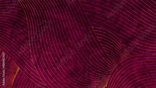 Purple grunge abstract background with golden refracted wavy pattern. Art deco curved lines ornament vector design