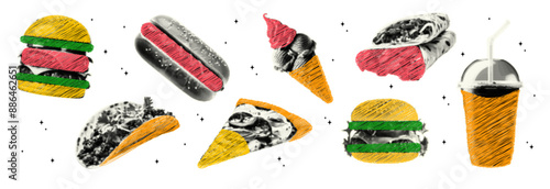 Set fast food stickers with a halftone effect. Vector