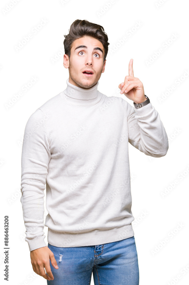 Young handsome man wearing turtleneck sweater over isolated background pointing finger up with successful idea. Exited and happy. Number one. Young handsome man wearing turtleneck sweater over isolated background pointing finger up with successful idea. Exited and happy. Number one.