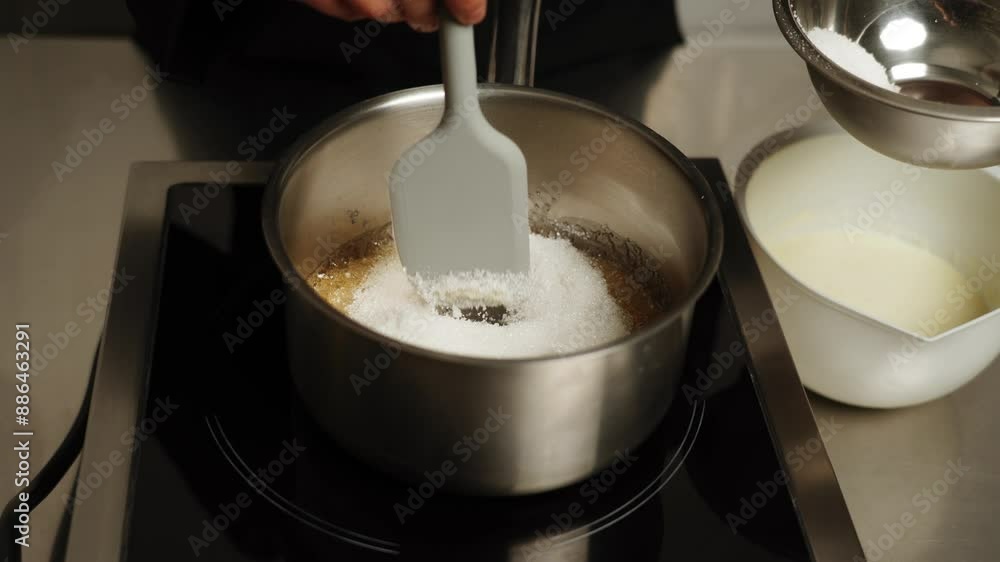 A confectioner melts sugar in a pan to prepare caramel. Making caramel at home. Concept of confectionery and cakes A confectioner melts sugar in a pan to prepare caramel. Making caramel at home. Concept of confectionery and cakes