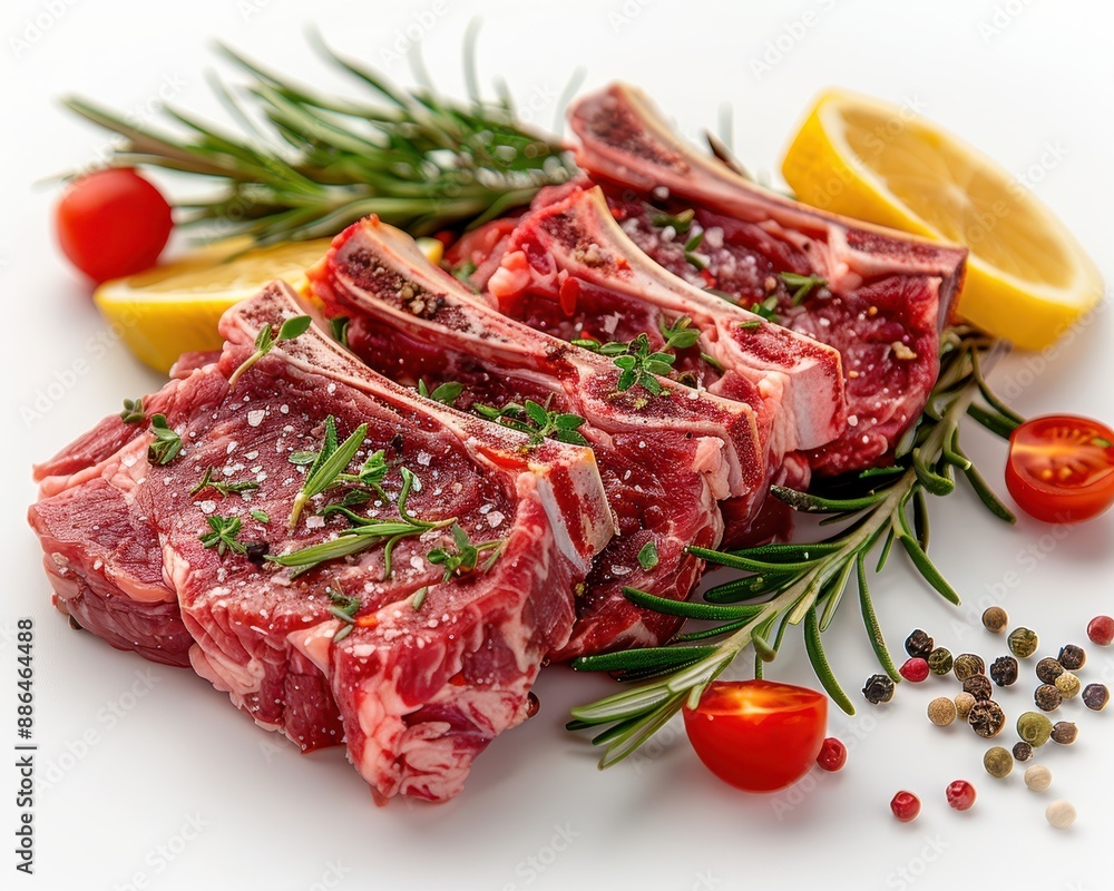 Succulent Raw Lamb Chops: Fresh Cuts of Meat with Rich Marbling on White Background Succulent Raw Lamb Chops: Fresh Cuts of Meat with Rich Marbling on White Background