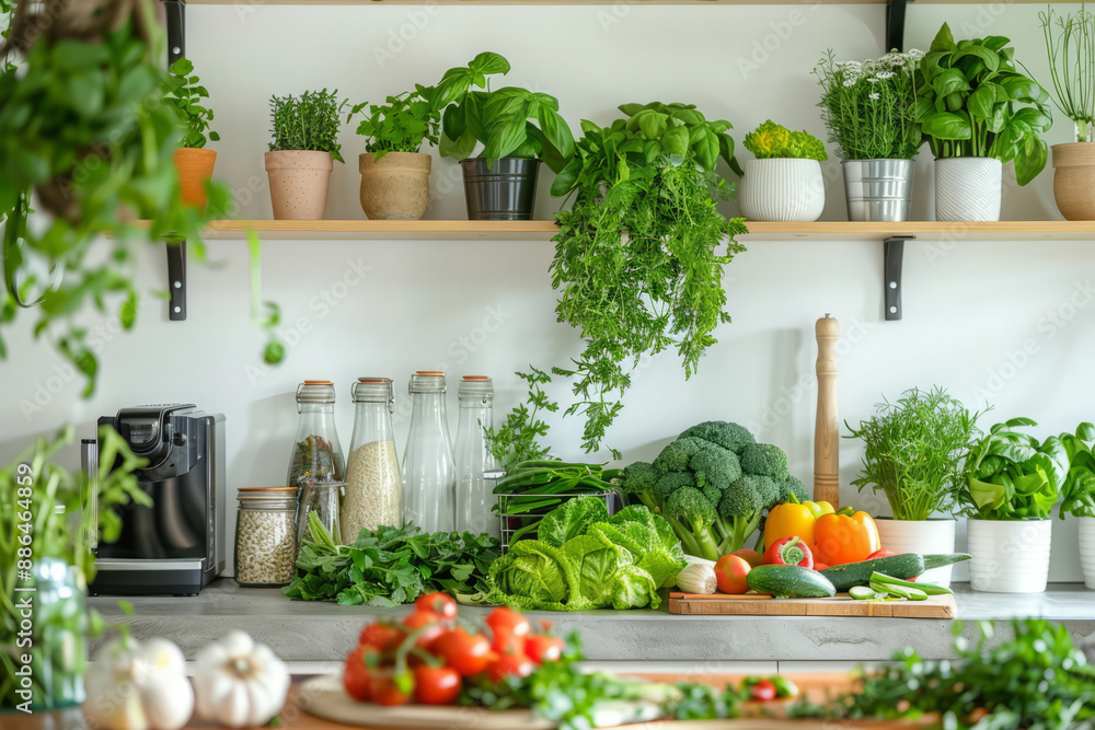 Bright modern kitchen with fresh vegetables and herbs Bright modern kitchen with fresh vegetables and herbs