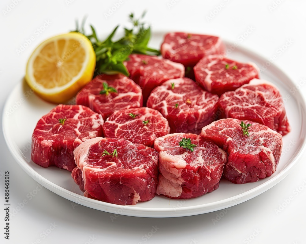 Tender Raw Veal Cutlets Displayed with Delicate Texture on White Background Tender Raw Veal Cutlets Displayed with Delicate Texture on White Background