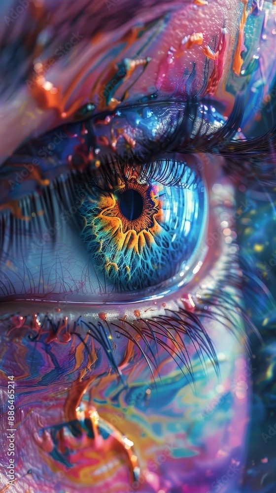 Close-up of a vividly painted eye with intricate and colorful patterns creating a captivating and surreal visual effect. Close-up of a vividly painted eye with intricate and colorful patterns creating a captivating and surreal visual effect.